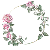 Round frame of pink roses and buds in watercolor illustration. Hand drawn watercolor drawing for wedding invitations, congratulations, gifts, memorable dates. Composition isolated from background. png