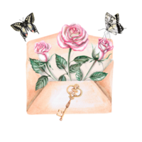 Composition of roses, enclosed in an envelope, butterflies and a key. Watercolor illustration on the theme of love for posters, wedding . The composition is isolated from the background. png