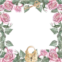 Square frame of roses, key and lock in watercolor illustration. Hand drawn watercolor drawing for wedding invitations, congratulations, gifts, memorable dates. Composition isolated from background. png