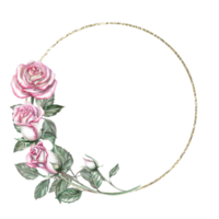 Round frame of pink roses in watercolor illustration. Hand drawn watercolor drawing for cards, wedding invitations, congratulations, gifts, memorable dates. Composition isolated from background. png