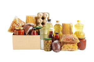 Foodstuffs for donation isolated on white background with clipping path for volunteer to help people. photo