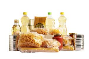 Foodstuffs in donation box isolated on white background for volunteer to help people. photo
