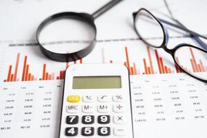 Eyeglass with calculator on chart graph paper. Finance, account, statistic, investment data economy, stock exchange business. photo