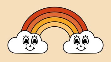 Colorful rainbow character with cartoon funny cloud faces. Groovy sticker with Sky symbol. Weather icon. Emoji expression. Retro illustration vector