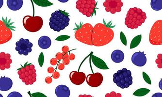 Seamless pattern with Berries. Cherry, raspberry, blueberry, blackberry, strawberry. Fresh summer juicy berry background. Flat illustration vector
