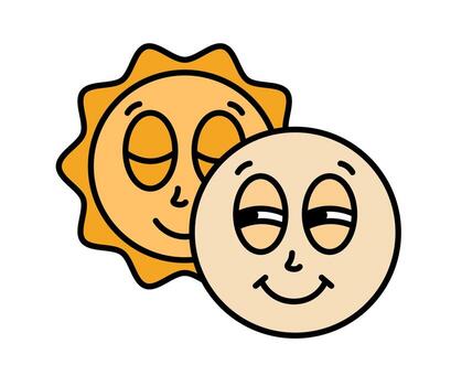 Sun moon characters with cartoon funny face. Groovy sticker with solar eclipse symbol. Weather icon. Emoji expression. Retro illustration on white background vector
