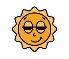 Sun character with cartoon funny face in sun glasses. Groovy sticker with Sky symbols. Weather icon. Emoji expression. Retro illustration on white background vector