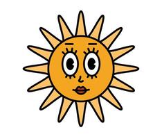 Sun character with cartoon funny face. Groovy sticker with Sky symbols. Weather icon. Emoji expression. Retro illustration on white background vector