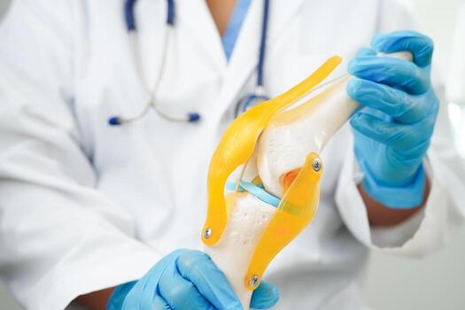 Knee osteoarthritis, Doctor showing model knee joint orthopedic. photo