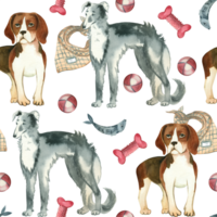 Dogs of different breeds, pets with a ball, collar, bone and leash hand drawn in watercolor. Seamless watercolor pattern. Suitable for printing on fabric, wrapping paper, postcards png