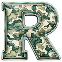 A letter r is prominently displayed with a camouflage pattern, camouflage features shades of green, tan, and brown, creating a military-inspired look. png