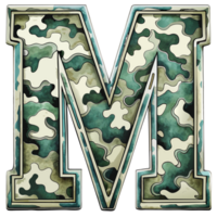A letter m is prominently displayed with a camouflage pattern, camouflage features shades of green, tan, and brown, creating a military-inspired look. png