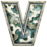 A letter v is prominently displayed with a camouflage pattern, camouflage features shades of green, tan, and brown, creating a military-inspired look. png