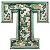 A letter t is prominently displayed with a camouflage pattern, camouflage features shades of green, tan, and brown, creating a military-inspired look. png