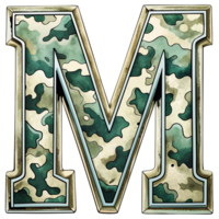 A letter m is prominently displayed with a camouflage pattern, camouflage features shades of green, tan, and brown, creating a military-inspired look. png