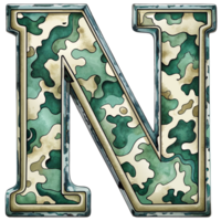 A letter n is prominently displayed with a camouflage pattern, camouflage features shades of green, tan, and brown, creating a military-inspired look. png