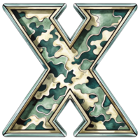 A letter x is prominently displayed with a camouflage pattern, camouflage features shades of green, tan, and brown, creating a military-inspired look. png