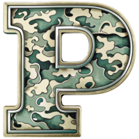 A letter p is prominently displayed with a camouflage pattern, camouflage features shades of green, tan, and brown, creating a military-inspired look. png