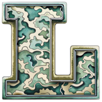A letter l is prominently displayed with a camouflage pattern, camouflage features shades of green, tan, and brown, creating a military-inspired look. png