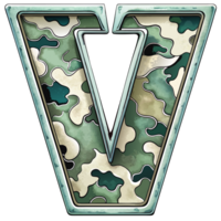 A letter v is prominently displayed with a camouflage pattern, camouflage features shades of green, tan, and brown, creating a military-inspired look. png