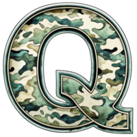 A letter q is prominently displayed with a camouflage pattern, camouflage features shades of green, tan, and brown, creating a military-inspired look. png