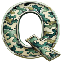 A letter q is prominently displayed with a camouflage pattern, camouflage features shades of green, tan, and brown, creating a military-inspired look. png