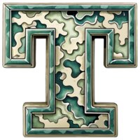 A letter t is prominently displayed with a camouflage pattern, camouflage features shades of green, tan, and brown, creating a military-inspired look. png