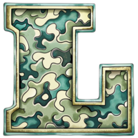 A letter l is prominently displayed with a camouflage pattern, camouflage features shades of green, tan, and brown, creating a military-inspired look. png