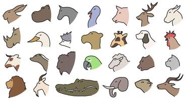 Profile of animals and birds. Color icons with a stroke on a white background. vector