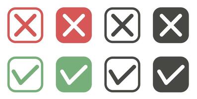 A set of flat ticks and crosses in a square. Square signs and lines of different thickness, green and red. vector