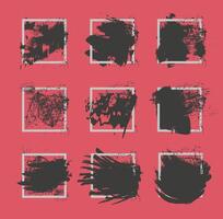 Apply ink to the square frame with a brush. Black strokes on a red background. vector