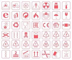 A set of packaging symbols for transportation, storage and product information. Red symbols isolated on white background. vector