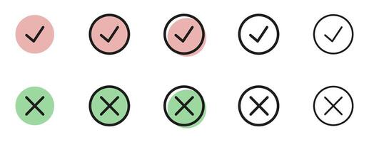 Set of flat check and cross buttons. Round signs and different line thicknesses, green and red. vector
