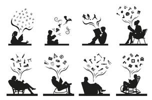Collection of silhouettes from small to old reading a book. The book is accessible to everyone. vector