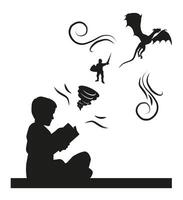 Silhouette of a boy reading fairy tales and fantasy. Graphics. vector