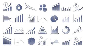 Statistics and data, charts, money, down or up arrow, economic downturn. Blue color gradient. vector