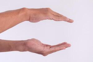 Two male hands in a top and bottom position as if holding something on a white background photo