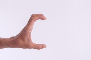 A man's hand with a pose or gesture of holding or showing something on a white background photo