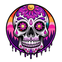 A sugar skull is decorated with intricate floral and geometric patterns in a range of bright colors png