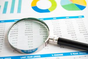 Magnifying glass on spreadsheet and graph paper. Financial development, Banking Account, Statistic, Investment Analytic research data economy, Business. photo