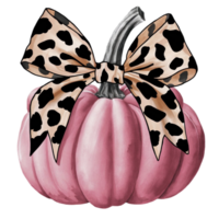 An pink pumpkin is adorned with a large bow that features a black-spotted leopard print pattern png