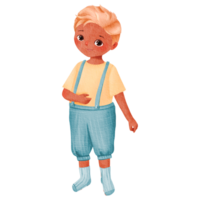 A cheerful cartoon of a cute young boy in a colorful outfit, showing his playful nature png