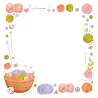 watercolor square text frame themed around knitting, perfect for crafting knitting. yarn skeins and knitting needles with heart-shaped charms, woven basket with various knitting tools png