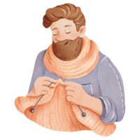 A hipster man knitting on needles. Isolated watercolor character with stylish haircut and neat beard. Ideal for crafting enthusiasts, knitting blogs, or DIY-themed designs png