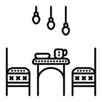 Kitchen room, dinner zone, table, two chairs and three ceiling lights, black line illustration, outline monochrome sign, editable stroke vector