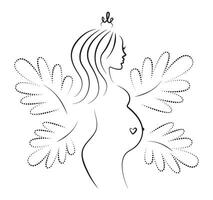 Pregnant woman in profile with leaves on the background, black line illustration in minimal style vector