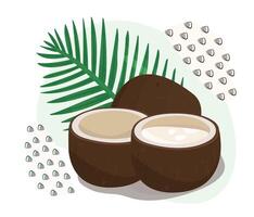 Coconuts with a palm leaf and decorative memphis style elements, colorful illustration vector