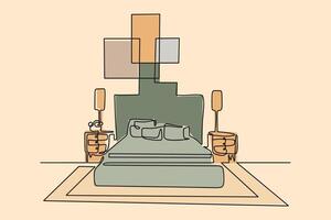 Continuous linear pattern of a double bed with bedside tables. Modern loft-style bedroom furniture in a minimalist one-line style. illustration in the style of doodles. vector