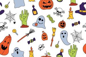 Cute Halloween seamless pattern with spider web, ghosts and pumpkins. Cute doodle design. Jack o lantern set. funny hand drawn doodle, textile graphic design. wallpaper, wrapping paper, background. vector