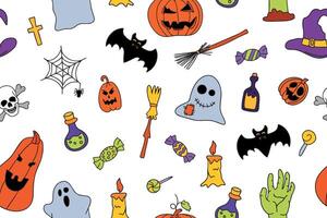 Cute Halloween seamless pattern with spider web, ghosts and pumpkins. Cute doodle design. Jack o lantern set. funny hand drawn doodle, textile graphic design. wallpaper, wrapping paper, background. vector